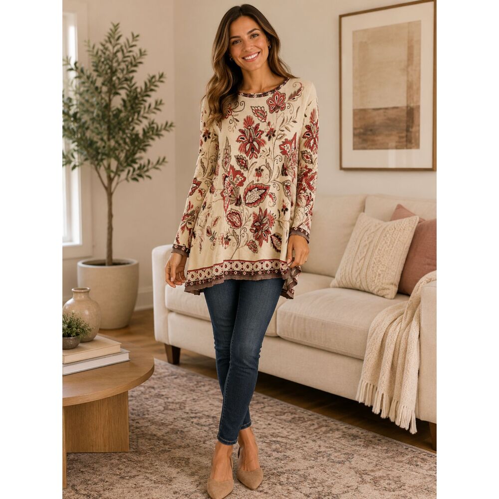 Alfred Dunner Womens Size XL Floral Paisley Embellished Sweater Knit Tunic Top